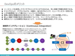 DevOpsのメリット
 ソースコードを変更してすぐデプロイとテストができるため、早い段階で問題を発見できる。
 テストやビルド、デプロイなども、自動化・省力化することで、ヒューマンエラーを防げる。
 いざ本番環境になって動かない！というリスクが低い。
 開発と運用が稼働状況を共有することで、問題点や修正のステータスを把握しやすい。
 新しい機能で問題が起きた時の対応についても、フィードバックがスムーズ。
 運用はリリースの信頼性が高まることで、システムの変更を承認しやすくなる。
継続的インテグレーション（Continuous Integration）
開発者が自分のコード変更を頻繁にセントラルリポジトリにマージし、その度
に自動化されたビルドとテストを実行します。小さなサイクルでインテグレー
ションを繰り返し行い、インテグレーションのエラーを素早く修正することに
よりチームは統合されたソフトウェアをより迅速に開発できるようになります。
コミット
ビルド
テスト
結合
Continuous Integration
CI
フィードバック
後工程
コミット
ビルド
失敗
変更
コミット ビルド
変更
原因究明
変更
ビルド
失敗
変更 ビルド 変更 ビルド 変更 ビルド
 