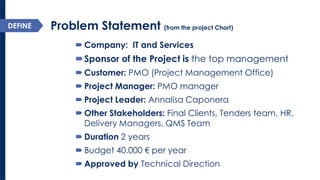 Problem Statement (from the project Chart) 
Company: IT and Services 
Sponsor of the Project is the top management 
Customer: PMO (Project Management Office) 
Project Manager: PMO manager 
Project Leader: Annalisa Caponera 
Other Stakeholders: Final Clients, Tenders team, HR, Delivery Managers, QMS Team 
Duration2 years 
Budget 40.000 €per year 
Approved by Technical Direction 
DEFINE  