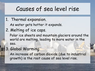 Causes of sea level rise
1. Thermal expansion.
As water gets hotter it expands.
2. Melting of ice caps.
Polar ice sheets and mountain glaciers around the
world are melting, leading to more water in the
sea.
3. Global Warming
An increase of carbon dioxide (due to industrial
growth) is the root cause of sea level rise.
 