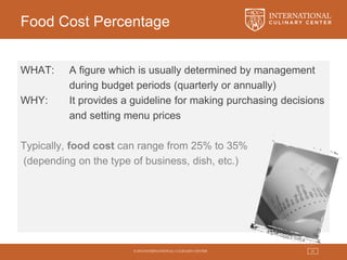 © 2015 INTERNATIONAL CULINARY CENTER 25
Food Cost Percentage
WHAT: A figure which is usually determined by management
during budget periods (quarterly or annually)
WHY: It provides a guideline for making purchasing decisions
and setting menu prices
Typically, food cost can range from 25% to 35%
(depending on the type of business, dish, etc.)
 