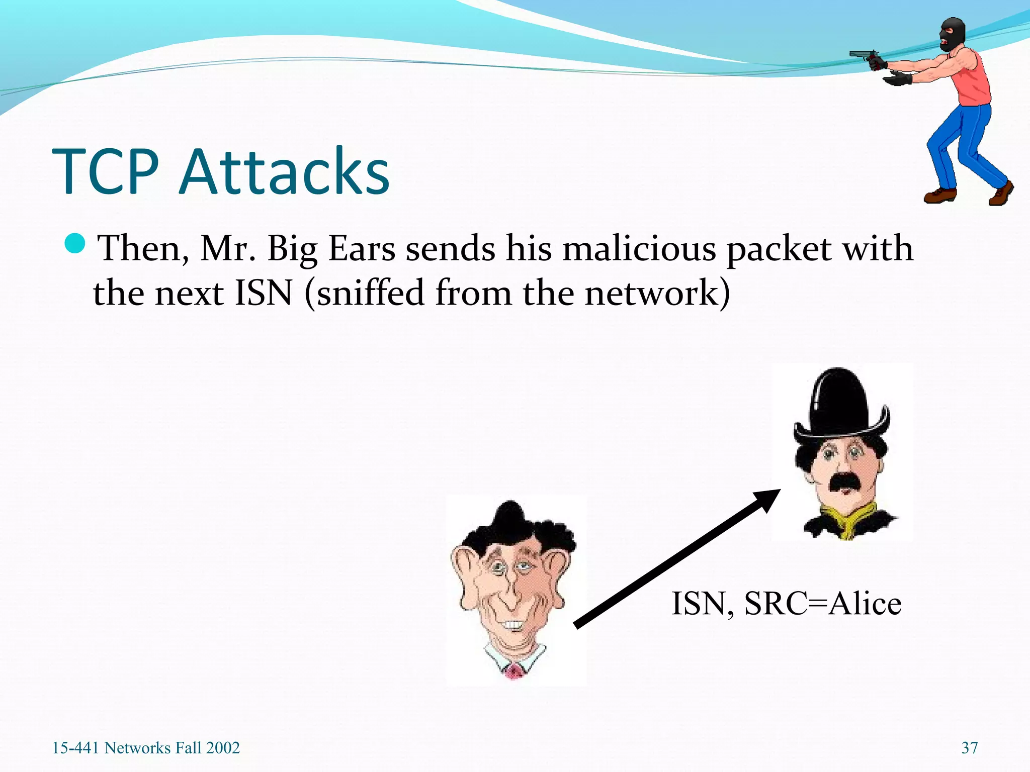 TCP Attacks
Then, Mr. Big Ears sends his malicious packet with
the next ISN (sniffed from the network)
15-441 Networks Fall 2002 37
ISN, SRC=Alice
 