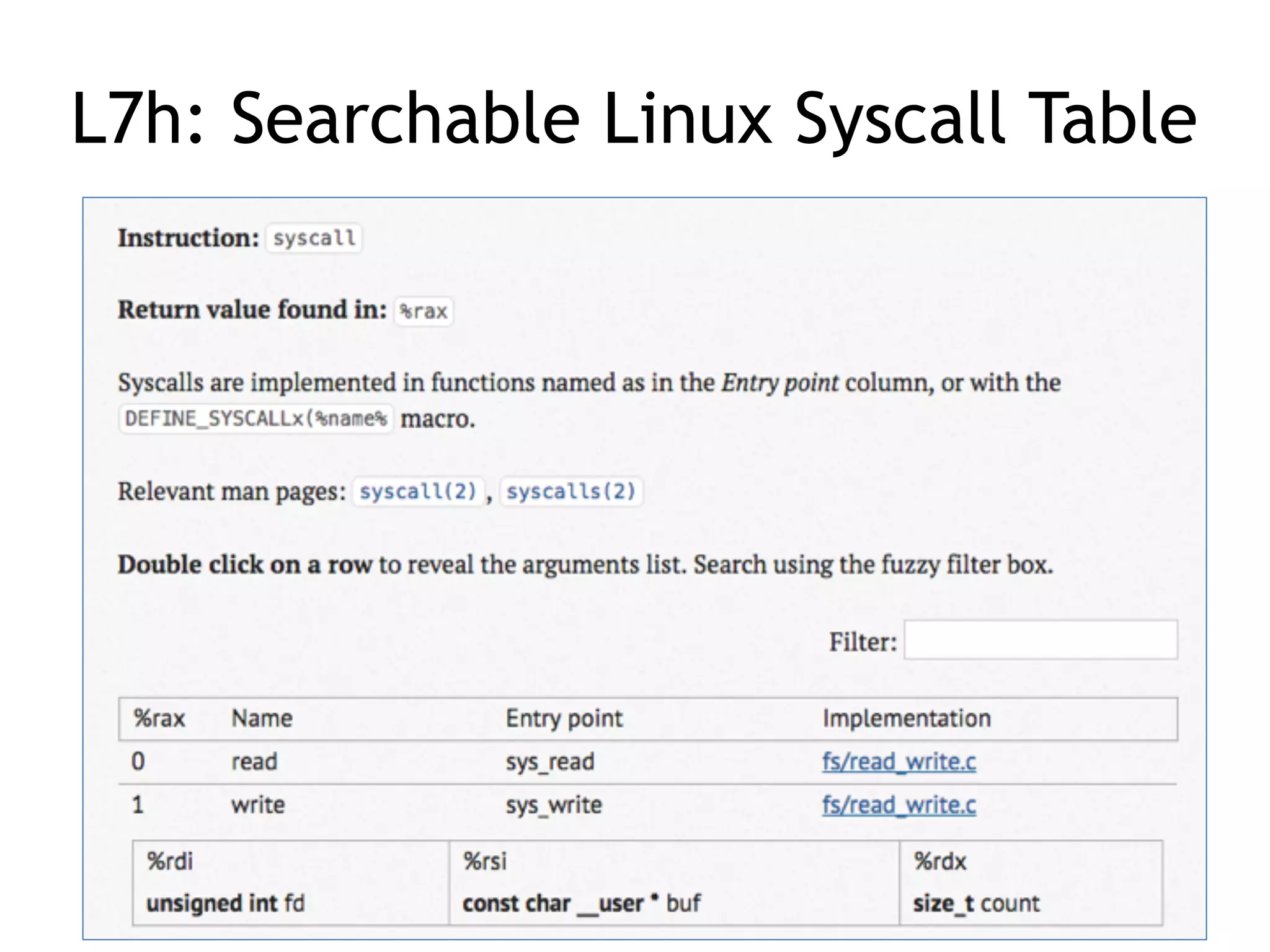 L7h: Searchable Linux Syscall Table