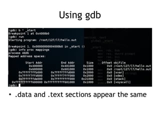 Using gdb
• .data and .text sections appear the same
 