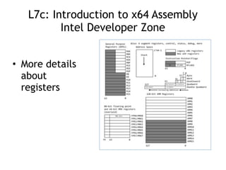 L7c: Introduction to x64 Assembly
Intel Developer Zone
• More details
about
registers
 