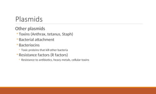 Plasmids
Other plasmids
◦ Toxins (Anthrax, tetanus, Staph)
◦ Bacterial attachment
◦ Bacteriocins
◦ Toxic proteins that kill other bacteria
◦ Resistance factors (R factors)
◦ Resistance to antibiotics, heavy metals, cellular toxins
 