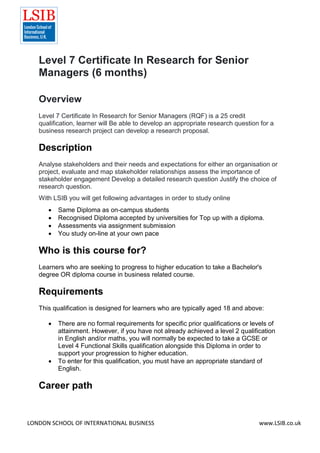 Level 7 Certificate In Research for Senior Managers (6 months) | PDF