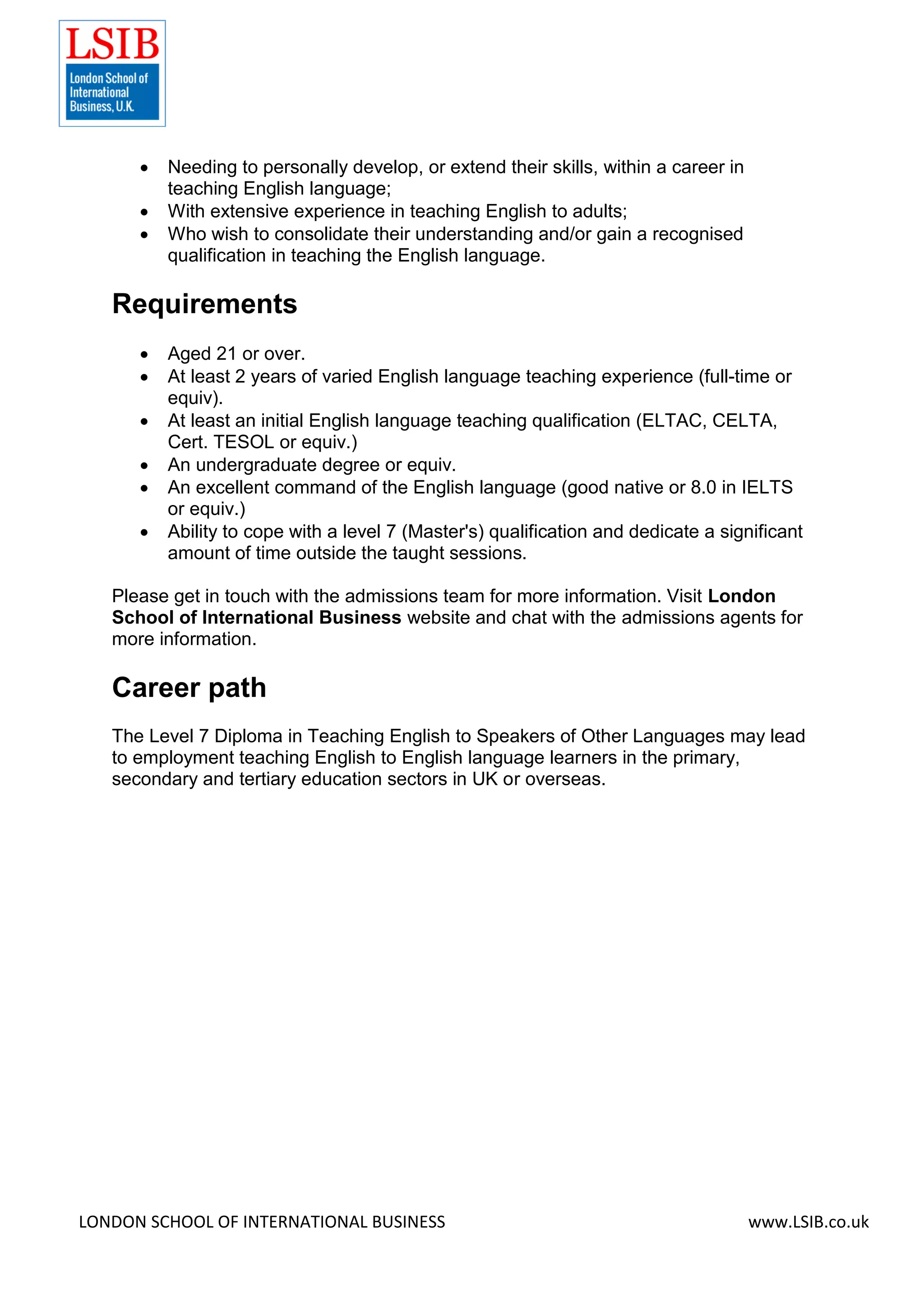 Level 7 Diploma in Teaching English to Speakers of Other Languages ...