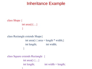 Inheritance Example
class Shape {
int area(){…}
}
class Rectangle extends Shape{
int area() { area = length * width;}
int length; int width;
}
class Square extends Rectangle {
int area() {…}
int length; int width = length;
 