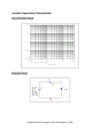 Junction Capacitance Characteristic

Circuit Simulation Result


                100p




                 10p




                1.0p




                100f




                 10f
                  100mV            1.0V                           10V          50V
                      I(V2)/(180V/1us)
                                       V(N12656)




Evaluation Circuit


                                                V2


                                                     0Vdc


                           V2 = 180     V1                          U1
                           TD = 0
                           V1 = 0                                    L709CE
                           TR = 1us
                           PW = 50us
                           TF = 10ns
                           PER = 10us



                                                     0




                     All Rights Reserved Copyright (C) Bee Technologies Inc. 2005
 