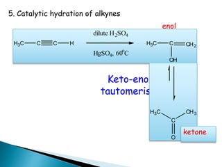 5. Catalytic hydration of alkynes
Keto-enol
tautomerism
C C HH3C
dilute H2SO4
HgSO4, 60o
C
H3C C
OH
CH2
enol
H3C
C
CH3
O
ketone
 