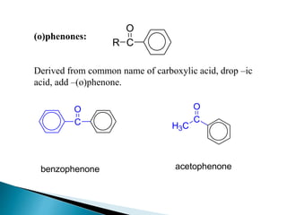 (o)phenones:
Derived from common name of carboxylic acid, drop –ic
acid, add –(o)phenone.
CR
O
C
O
H3C
C
O
benzophenone acetophenone
 