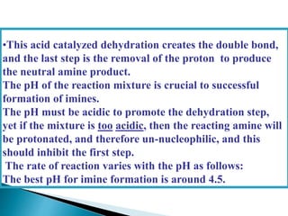 •This acid catalyzed dehydration creates the double bond,
and the last step is the removal of the proton to produce
the neutral amine product.
The pH of the reaction mixture is crucial to successful
formation of imines.
The pH must be acidic to promote the dehydration step,
yet if the mixture is too acidic, then the reacting amine will
be protonated, and therefore un-nucleophilic, and this
should inhibit the first step.
The rate of reaction varies with the pH as follows:
The best pH for imine formation is around 4.5.
 