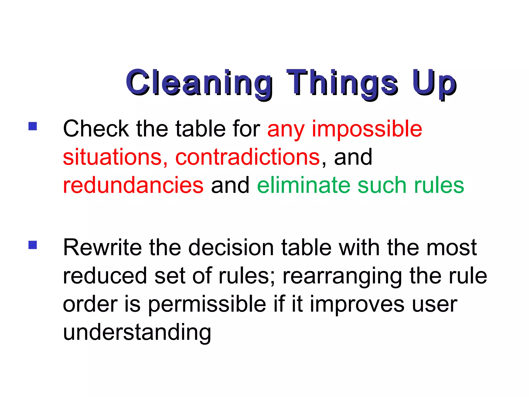 Cleaning Things Up
   Check the table for any impossible
    situations, contradictions, and
    redundancies and eliminate such rules

   Rewrite the decision table with the most
    reduced set of rules; rearranging the rule
    order is permissible if it improves user
    understanding
 
