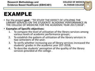 Research Methodology and
Evidence Based Healthcare (EBHC481)
EXAMPLE
• For the project goal : “TO STUDY THE EEFECT OF UTILIZING THE
LIBRARY SERVICES ON THE STUDENTS’ ACADEMIC PERFORMANCE IN
THE COLLEGE OF MEDICINE FOR THE ACADEMIC YEAR 2017/2018".
• Examples of Specific objectives:
1. To compare the level of utilization of the library services among
various levels of academic performance groups;
2. To establish the pattern of utilization of the library services in
two semesters of the year;
3. To verify whether increasing use of library services increased the
students’ grades in the academic year 207-2018;
4. To describe students’ perception of the quality of the library
services provided at the college .
 
