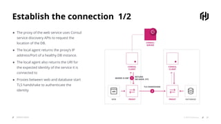 Establish the connection 1/2
SERVICE MESH 21© 2019 HashiCorp
● The proxy of the web service uses Consul
service discovery APIs to request the
location of the DB.
● The local agent returns the proxy’s IP
address/Port of a healthy DB instance.
● The local agent also returns the URI for
the expected identity of the service it is
connected to
● Proxies between web and database start
TLS handshake to authenticate the
identity
 