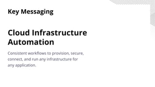 Key Messaging
Cloud Infrastructure
Automation
Consistent workﬂows to provision, secure,
connect, and run any infrastructure for
any application.
 
