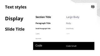 Text styles
Display
Slide Title
Section Title
BodyParagraph Title
PAGE FOOTER
Caption
Small BodySmall Paragraph Title
Large Body
LABEL
Code Code Small
 
