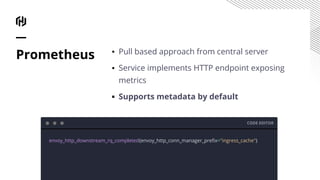 ▪ Pull based approach from central server
▪ Service implements HTTP endpoint exposing
metrics
▪ Supports metadata by default
Prometheus
CODE EDITOR
envoy_http_downstream_rq_completed{envoy_http_conn_manager_preﬁx="ingress_cache"}
 