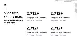2,712+
Paragraph title, 1 line max.
Body copy, 1 line max.
2,712+
Paragraph title, 1 line max.
Body copy, 1 line max.
2,712+
Paragraph title, 1 line max.
Body copy, 1 line max.
2,712+
Paragraph title, 1 line max.
Body copy, 1 line max.
Slide title
/ 4 line max.
Secondary headline
/ 4 line max.
 