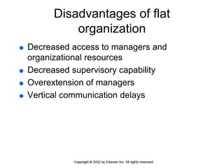 Disadvantages of flat
organization
 Decreased access to managers and
organizational resources
 Decreased supervisory capability
 Overextension of managers
 Vertical communication delays
 