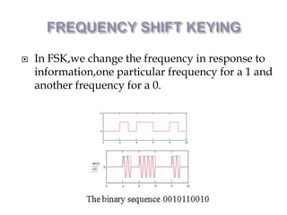  In FSK,we change the frequency in response to
information,one particular frequency for a 1 and
another frequency for a 0.
 