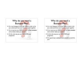 Why do you need a
Business Plan?
• It’s a tool designed mainly for YOU, in order to let
you understand how your business is put together
• It’s an exercise you NEED in order to ﬁnd mistakes
and to better tune your business
• It’s the only way you can MONITOR your
progresses
Why do you need a
Business Plan?
• It’s a tool designed mainly for YOU, in order to let
you understand how your business is put together
• It’s an exercise you NEED in order to ﬁnd mistakes
and to better tune your business
• It’s the only way you can MONITOR your
progresses
• It’s a good way to attract smart people to work for
you!
 