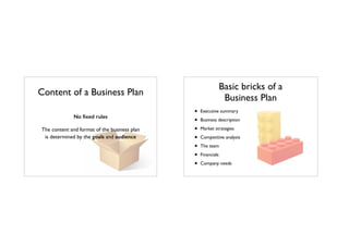 Content of a Business Plan
No ﬁxed rules
!
The content and format of the business plan 	

is determined by the goals and audience
Basic bricks of a
Business Plan
• Executive summary	

• Business description	

• Market strategies	

• Competitive analysis	

• The team	

• Financials	

• Company needs
 