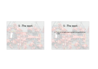 5 - The team 5 - The team
• Focus on strengths, team member’s competences and
needs
 
