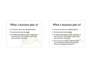 What a business plan is?
• A document about your business future
• Something inherently strategic
• An itinery description on how to get from A
to B, where A is now and B is a point in the
future (usually 3 to 5 years)
What a business plan is?
• A document about your business future
• Something inherently strategic
• An itinery description on how to get from A
to B, where A is now and B is a point in the
future (usually 3 to 5 years)
• The only way you have to understand what
you’re doing and to commit other people
(investors, employees, customers...)
 