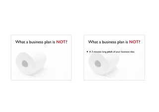 What a business plan is NOT? What a business plan is NOT?
• A 3 minutes long pitch of your business idea
 