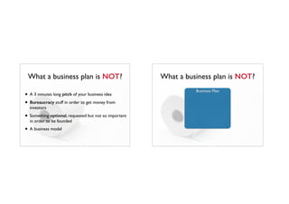 What a business plan is NOT?
• A 3 minutes long pitch of your business idea
• Bureaucracy stuff in order to get money from
investors
• Something optional, requested but not so important
in order to be founded
• A business model
What a business plan is NOT?
Business Plan
 
