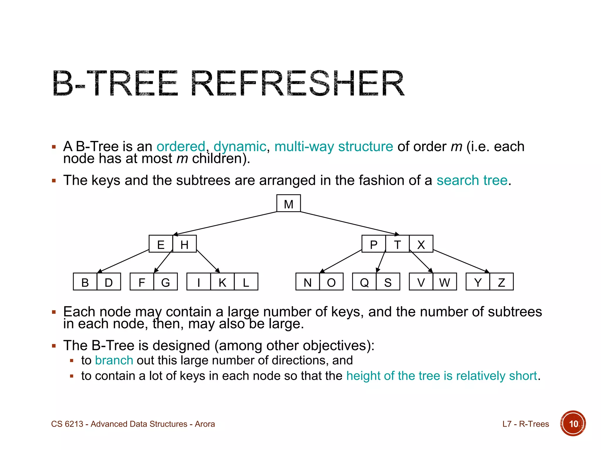  A B-Tree is an ordered, dynamic, multi-way structure of order m (i.e. each
node has at most m children).
 The keys and the subtrees are arranged in the fashion of a search tree.
 Each node may contain a large number of keys, and the number of subtrees
in each node, then, may also be large.
 The B-Tree is designed (among other objectives):
 to branch out this large number of directions, and
 to contain a lot of keys in each node so that the height of the tree is relatively short.
10
M
P T X
B D F G K L N O Q S V W Y ZI
E H
L7 - R-TreesCS 6213 - Advanced Data Structures - Arora
 