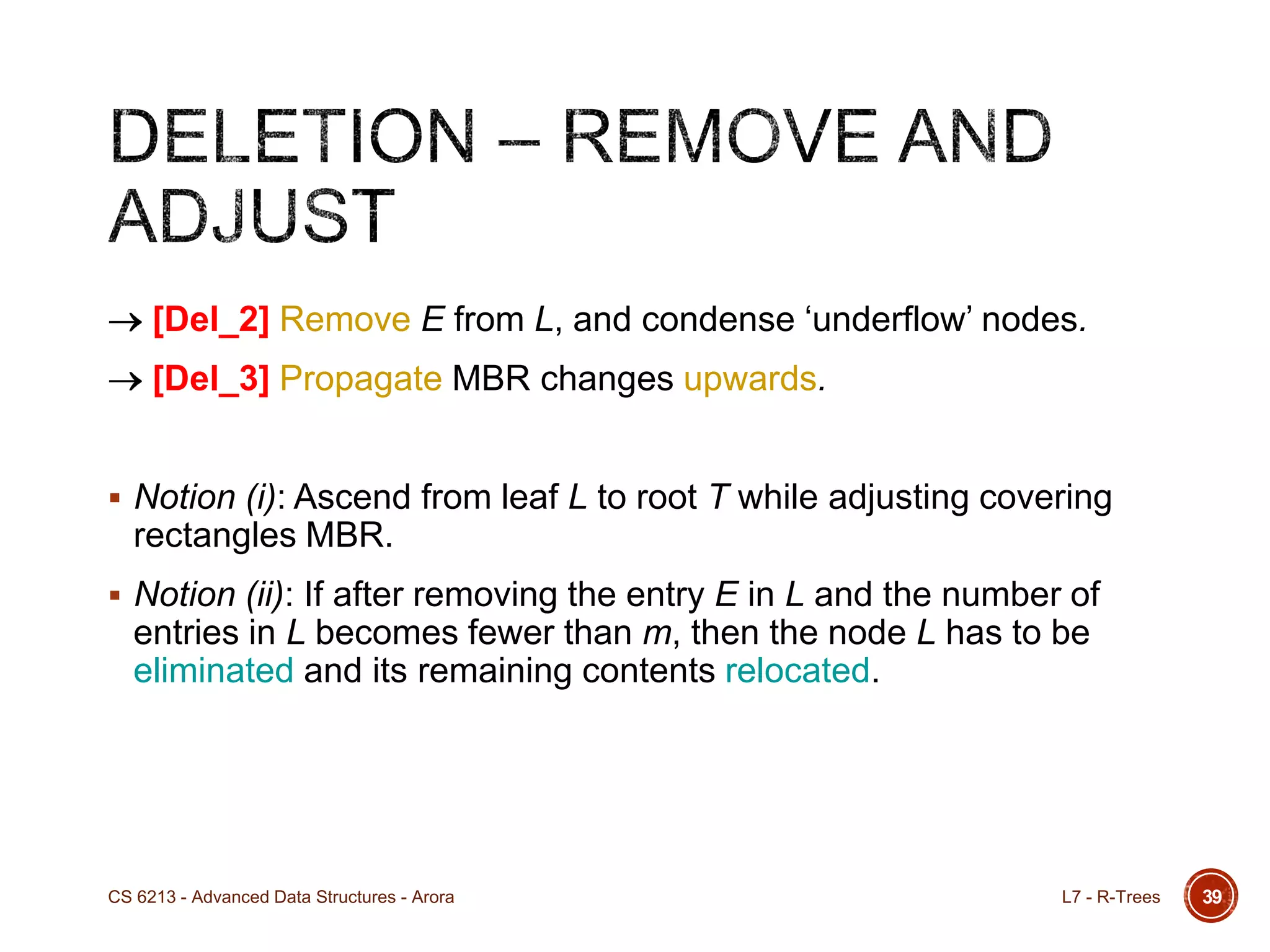 [Del_2] Remove E from L, and condense „underflow‟ nodes.
[Del_3] Propagate MBR changes upwards.
 Notion (i): Ascend from leaf L to root T while adjusting covering
rectangles MBR.
 Notion (ii): If after removing the entry E in L and the number of
entries in L becomes fewer than m, then the node L has to be
eliminated and its remaining contents relocated.
39L7 - R-TreesCS 6213 - Advanced Data Structures - Arora
 