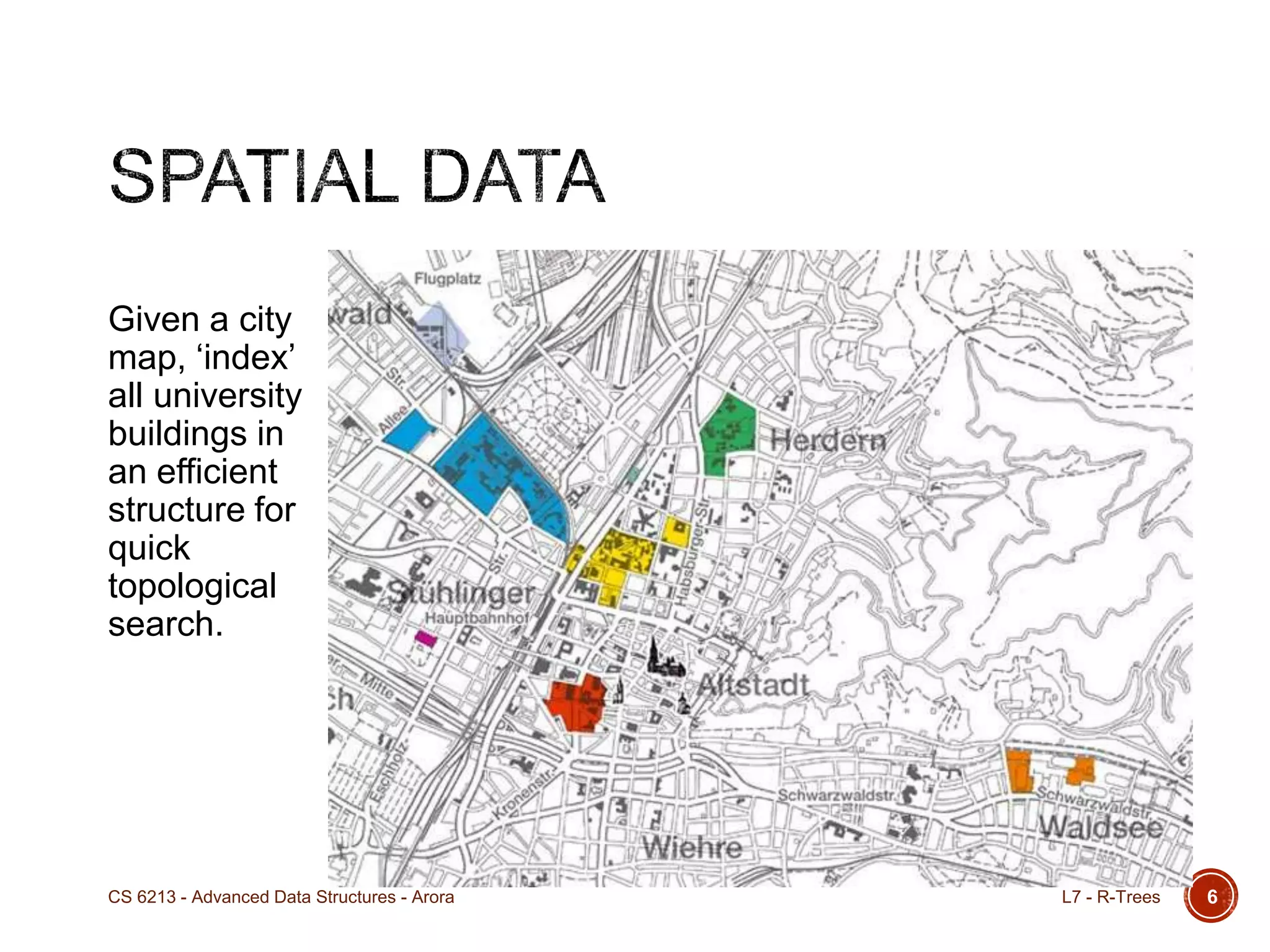 Given a city
map, „index‟
all university
buildings in
an efficient
structure for
quick
topological
search.
6L7 - R-TreesCS 6213 - Advanced Data Structures - Arora
 