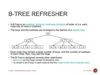  A B-Tree is an ordered, dynamic, multi-way structure of order m (i.e. each
node has at most m children).
 The keys and the subtrees are arranged in the fashion of a search tree.
 Each node may contain a large number of keys, and the number of subtrees
in each node, then, may also be large.
 The B-Tree is designed (among other objectives):
 to branch out this large number of directions, and
 to contain a lot of keys in each node so that the height of the tree is relatively short.
10
M
P T X
B D F G K L N O Q S V W Y ZI
E H
L7 - R-TreesCS 6213 - Advanced Data Structures - Arora
 