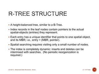  A height-balanced tree, similar to a B-Tree.
 Index records in the leaf nodes contain pointers to the actual
spatial-objects (entries) they represent.
 Each entry has a unique identifier that points to one spatial object,
and its MBR; i.e., entry = (MBR, pointer).
 Spatial searching requires visiting only a small number of nodes.
 The index is completely dynamic: inserts and deletes can be
intermixed with searches. (No periodic reorganization is
required.)
11L7 - R-TreesCS 6213 - Advanced Data Structures - Arora
 