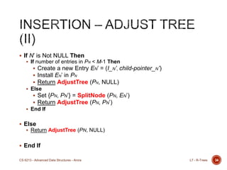 34
 If N‟ is Not NULL Then
 If number of entries in PN < M-1 Then
 Create a new Entry EN‟ = (I_N’, child-pointer_N’)
 Install EN‟ in PN
 Return AdjustTree (PN, NULL)
 Else
 Set {PN, PN‟} = SplitNode (PN, EN‟)
 Return AdjustTree (PN, PN‟)
 End If
 Else
 Return AdjustTree (PN, NULL)
 End If
L7 - R-TreesCS 6213 - Advanced Data Structures - Arora
 