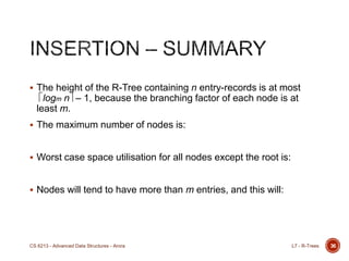 36
 The height of the R-Tree containing n entry-records is at most
logm n – 1, because the branching factor of each node is at
least m.
 The maximum number of nodes is:
 Worst case space utilisation for all nodes except the root is:
 Nodes will tend to have more than m entries, and this will:
L7 - R-TreesCS 6213 - Advanced Data Structures - Arora
 