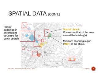 7
“Index”
buildings in
an efficient
structure for
quick search
Spatial object:
Contour (outline) of the area
around the building(s).
Minimum bounding region
(MBR) of the object.
L7 - R-TreesCS 6213 - Advanced Data Structures - Arora
 