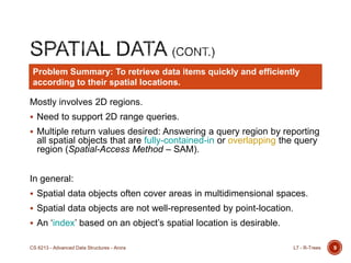 Mostly involves 2D regions.
 Need to support 2D range queries.
 Multiple return values desired: Answering a query region by reporting
all spatial objects that are fully-contained-in or overlapping the query
region (Spatial-Access Method – SAM).
In general:
 Spatial data objects often cover areas in multidimensional spaces.
 Spatial data objects are not well-represented by point-location.
 An „index‟ based on an object‟s spatial location is desirable.
9L7 - R-TreesCS 6213 - Advanced Data Structures - Arora
Problem Summary: To retrieve data items quickly and efficiently
according to their spatial locations.
 