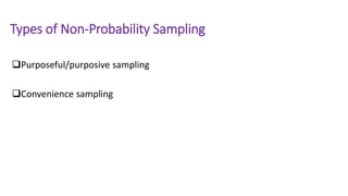 Types of Non-Probability Sampling
Purposeful/purposive sampling
Convenience sampling
 