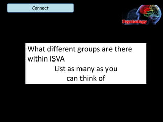 Connect




What different groups are there
within ISVA
         List as many as you
              can think of
 