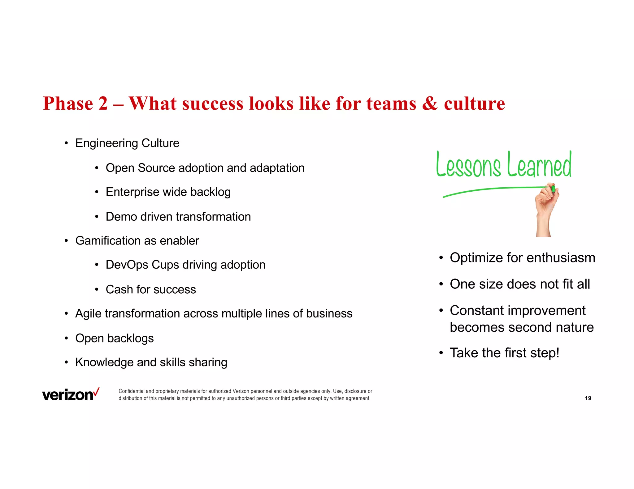 Confidential and proprietary materials for authorized Verizon personnel and outside agencies only. Use, disclosure or
distribution of this material is not permitted to any unauthorized persons or third parties except by written agreement.
• Engineering Culture
• Open Source adoption and adaptation
• Enterprise wide backlog
• Demo driven transformation
• Gamification as enabler
• DevOps Cups driving adoption
• Cash for success
• Agile transformation across multiple lines of business
• Open backlogs
• Knowledge and skills sharing
19
Phase 2 – What success looks like for teams & culture
• Optimize for enthusiasm
• One size does not fit all
• Constant improvement
becomes second nature
• Take the first step!
 