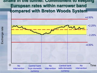 Snake in the tunnel: Commitment to keeping
European rates within narrower band
compared with Breton Woods System
O
Exchangerate
No
intervention
Central bank
buys domestic
currency
No
intervention
Central bank
sells domestic
currency
No
intervention
Time
+4.50%
-4.50%
+2.25%
- 2.25%
 