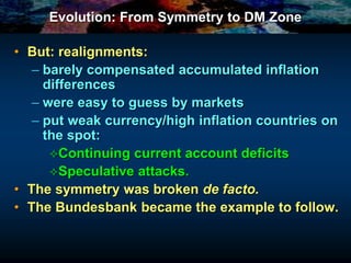 Evolution: From Symmetry to DM Zone
• But: realignments:
– barely compensated accumulated inflation
differences
– were easy to guess by markets
– put weak currency/high inflation countries on
the spot:
Continuing current account deficits
Speculative attacks.
• The symmetry was broken de facto.
• The Bundesbank became the example to follow.
 