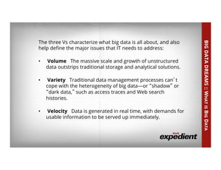 What is Big Data?
• “Big	
  Data	
  Dreams”	
  
12	
  
The three Vs characterize what big data is all about, and also
help deﬁne the major issues that IT needs to address:
•  Volume The massive scale and growth of unstructured
data outstrips traditional storage and analytical solutions.
•  Variety Traditional data management processes can’t
cope with the heterogeneity of big data—or “shadow” or
“dark data,” such as access traces and Web search
histories.
•  Velocity Data is generated in real time, with demands for
usable information to be served up immediately.
BIGDATADREAMS::WHATISBIGDATA
 