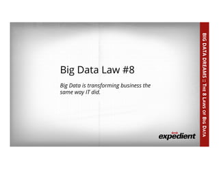 42	
  
Big Data Law #8
Big Data is transforming business the
same way IT did.
BIGDATADREAMS::THE8LAWSOFBIGDATA
 