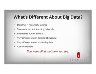 What’s Diﬀerent About Big Data?
•  Data that IT historically ignores
•  Too much, too fast, too dirty to handle
•  Represents 80% of all data
•  Very diﬀerent way of thinking about data
•  Very diﬀerent way of processing data
•  A VERY BIG DEAL
You were blind, but now you see.
 