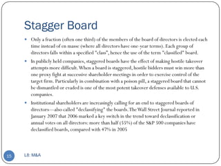 Stagger Board
      Only a fraction (often one third) of the members of the board of directors is elected each
        time instead of en masse (where all directors have one-year terms). Each group of
        directors falls within a specified "class‖, hence the use of the term "classified" board.
      In publicly held companies, staggered boards have the effect of making hostile takeover
        attempts more difficult. When a board is staggered, hostile bidders must win more than
        one proxy fight at successive shareholder meetings in order to exercise control of the
        target firm. Particularly in combination with a poison pill, a staggered board that cannot
        be dismantled or evaded is one of the most potent takeover defenses available to U.S.
        companies.
      Institutional shareholders are increasingly calling for an end to staggered boards of
        directors—also called "declassifying" the boards. The Wall Street Journal reported in
        January 2007 that 2006 marked a key switch in the trend toward declassification or
        annual votes on all directors: more than half (55%) of the S&P 500 companies have
        declassified boards, compared with 47% in 2005



15   L8: M&A
 