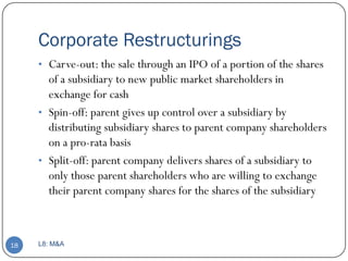 Corporate Restructurings
     • Carve-out: the sale through an IPO of a portion of the shares
       of a subsidiary to new public market shareholders in
       exchange for cash
     • Spin-off: parent gives up control over a subsidiary by
       distributing subsidiary shares to parent company shareholders
       on a pro-rata basis
     • Split-off: parent company delivers shares of a subsidiary to
       only those parent shareholders who are willing to exchange
       their parent company shares for the shares of the subsidiary



18   L8: M&A
 